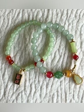 Aqua Beaded Stretch Bracelets with Gold accents - Cute Charms (Pair)